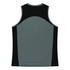 A grey and black singlet featuring a sleek design and a logo on the back.