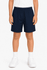 Navy school kids' sports shorts with an elastic waistband, modelled by a child wearing white shoes.
