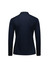 A long sleeve polo shirt in navy blue with a collar and a logo on the back.