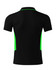 A black polo shirt with green side panels, featuring a collar and short sleeves. It has a logo.