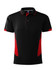 A black and red polo shirt with a collar, featuring contrasting side panels and a logo.