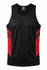 A black singlet featuring red side panels and two black stripes, with a logo on the top.