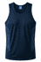 A navy blue men's singlet featuring side panels and a logo on the label.