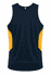 A navy blue singlet with bright yellow side panels and a logo at the back.