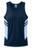 A navy blue singlet featuring light blue panels and a branding logo.