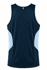 A navy singlet featuring light blue side panels and a logo. Suitable for various activities.