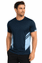 A navy blue men's T-shirt with light blue accents and a branding logo on the sleeve.