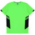 A bright green T-shirt featuring black accents on the sides and a logo on the neckline.