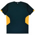 A green and yellow T-shirt featuring a logo, with contrasting yellow panels on the sides and back.