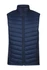 A navy blue padded vest with a high collar and zippered pockets, featuring a logo on the front.