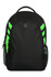 A black backpack with vibrant green stripes, featuring a logo and side mesh pockets.