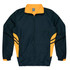 A dark green tracktop with a yellow collar and side stripes, featuring a zip closure and elastic cuffs.