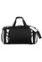 A black and white duffle bag with a shoulder strap and multiple zippered compartments, featuring a logo.