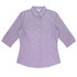 A button-up shirt with 3/4 sleeves in a purple gingham pattern featuring a collar and logo.