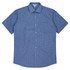 A short-sleeve, button-up shirt in blue gingham pattern with a chest pocket and a logo.