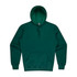 A green men's hoodie with a front pocket and a drawstring hood, featuring a logo on the label.