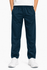 Navy track pants for kids with an elastic waistband and side pockets, featuring a logo on the front.