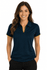 A navy polo shirt with yellow trims, featuring a collar and short sleeves, modelled by a smiling woman.