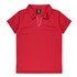 A red polo shirt with a v-neck design, featuring a collar and a logo on the label.