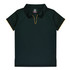 A dark green polo shirt with a yellow accent, featuring a collar and short sleeves, and a logo.