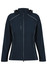 A dark blue soft shell jacket with a hood, featuring zippered pockets and contrasting stitching. It has a logo.