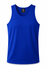 A blue men's singlet featuring a round neckline and a logo on the label.