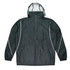 A dark green jacket with a hood, featuring white detailing and two zippered pockets.