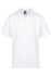 A white polo shirt featuring a collar and a placket, with a branding logo on the label.