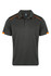 A dark grey polo shirt with orange accents and a logo on the chest. Features a classic collar and short sleeves.