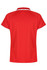 A red polo shirt featuring short sleeves and a contrasting collar, with a logo present.