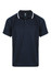 A navy blue men's polo shirt featuring a contrasting white collar and sleeve trim, with a logo on the upper section.