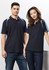 A navy blue short sleeve polo shirt featuring light blue accents, displayed on a male and female model. The shirt has a logo.