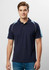 A navy blue men's polo shirt with light blue accents, featuring short sleeves and a collar. There is a logo on the chest.