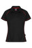 A black polo shirt featuring red piping, designed for women, with a collar and short sleeves. It has a brand logo.