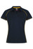 A navy polo shirt with yellow piping and a collar, featuring a logo. Suitable for women's wear.