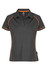 A women's polo shirt in dark grey with orange piping and a logo. Short sleeves and a collared neckline.