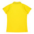 A yellow polo shirt featuring a collar and short sleeves, with a logo on the back.