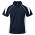 A navy blue polo shirt with white panels and a collar, featuring a logo. Short sleeves and a classic fit design.