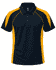 A navy and yellow polo shirt featuring short sleeves, a collared neck, and a logo on the left side.