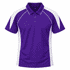 A purple polo shirt with white side panels and a collar, featuring a subtle logo.