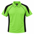 A bright green polo shirt with black accents and a logo on the chest.