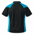 A black polo shirt with turquoise accents on the shoulders and sides, featuring a logo on the back.