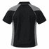 A black and grey polo shirt with a contrasting design and a branded logo on the back.