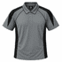 A grey polo shirt with black mesh side panels and a collar, featuring a logo on the upper back.