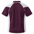 A polo shirt featuring maroon and white colours with a sporty design and a logo on the back.