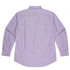 A long sleeve button-up shirt in light purple with a back pleat design. Features a logo on the fabric.