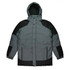 A grey and black men's jacket featuring a hood, with a button-up front and multiple design panels.