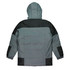 A men's jacket in shades of grey and green, featuring a hood and contrasting panel design on the back.