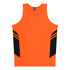 An orange singlet featuring black side panels and a logo on the front. Ideal for kids' casual wear.