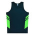 A navy singlet featuring bright green panels and stripes, designed for kids, with a logo.